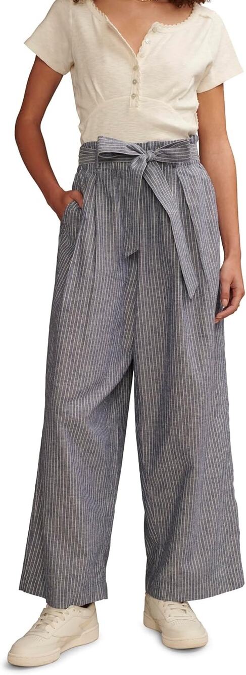 Lucky Brand Blue + White Striped Chambray Pull On Wide Leg Coastal Pants Large